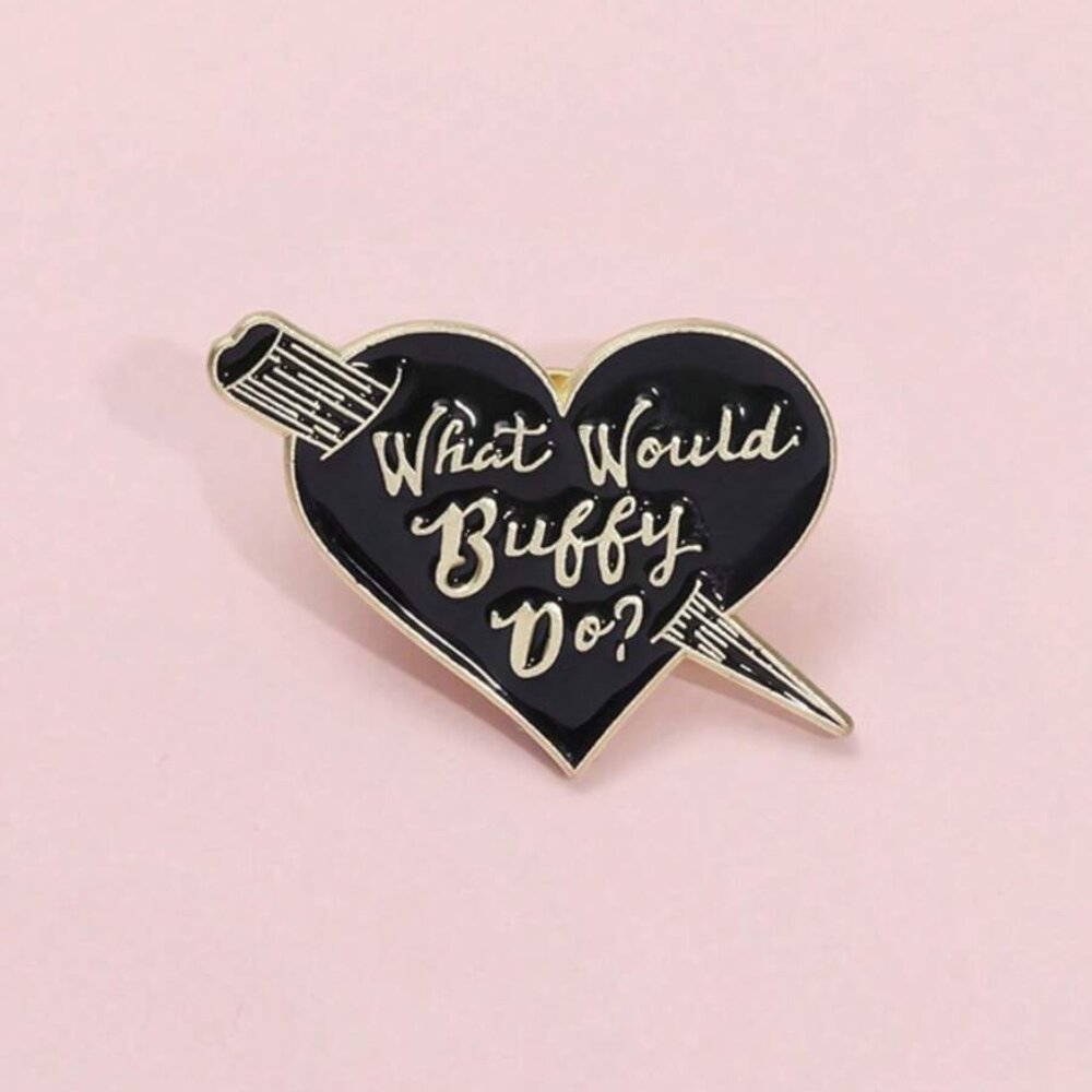 WHAT WOULD BUFFY DO STAKE THROUGH THE HEART OIL DRIPPED ENAMEL PIN BROOCH NWT